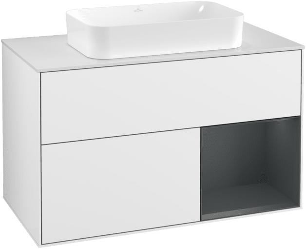 VILLEROY BOCH Toaletní skříňka Finion, s osvětlením, 2 výsuvy, 1000 x 603 x 501 mm, lesklý bílý lak / půlnoční modrý matný lak / bílé matné sklo #F251HGGF