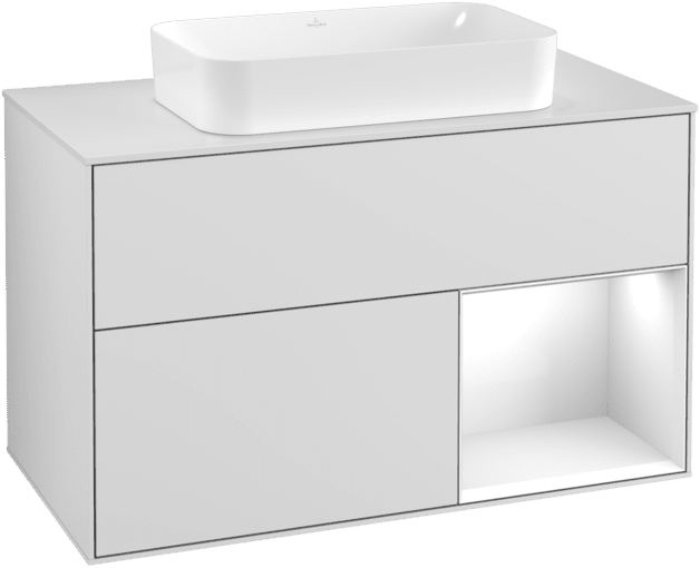 VILLEROY BOCH Umyvadlová skříňka Finion, s osvětlením, 2 výsuvy, 1000 x 603 x 501 mm, bílý matný lak / bílý lesklý lak / bílé matné sklo #F251GFMT