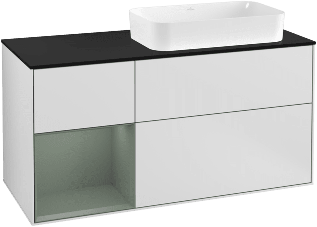 VILLEROY BOCH Toaletní skříňka Finion, s osvětlením, 3 výsuvy, 1200 x 603 x 501 mm, bílý matný lak / olivový matný lak / černé matné sklo #F272GMMT