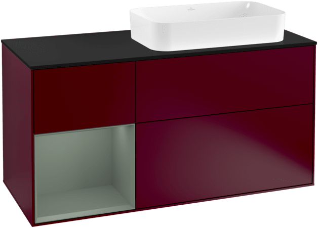VILLEROY BOCH Toaletní skříňka Finion, s osvětlením, 3 výsuvy, 1200 x 603 x 501 mm, Pivoňka matný lak / Olivový matný lak / Sklo černé matné #F272GMHB