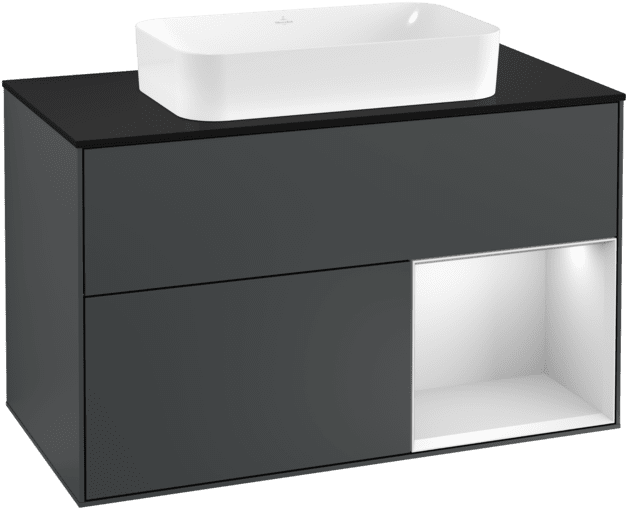 VILLEROY BOCH Toaletní skříňka Finion, s osvětlením, 2 výsuvy, 1000 x 603 x 501 mm, Midnight Blue Matt Lacquer / White Matt Lacquer / Glass Black Matt #F252MTHG