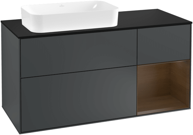 VILLEROY BOCH Toaletní skříňka Finion, s osvětlením, 3 výsuvy, 1200 x 603 x 501 mm, půlnočně modrý matný lak / ořechová dýha / černé matné sklo #F282GNHG