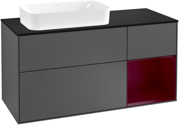 VILLEROY BOCH Toaletní skříňka Finion, s osvětlením, 3 výsuvy, 1200 x 603 x 501 mm, antracitový matný lak / pivoňkový matný lak / černé matné sklo #F282HBGK