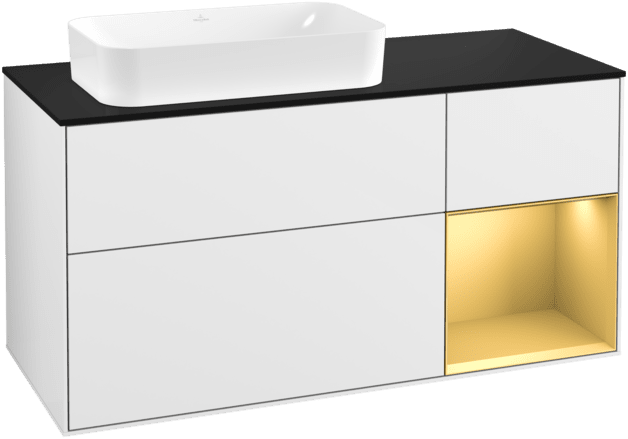 VILLEROY BOCH Toaletní skříňka Finion, s osvětlením, 3 výsuvy, 1200 x 603 x 501 mm, lesklý bílý lak / zlatý matný lak / černé matné sklo #F282HFGF