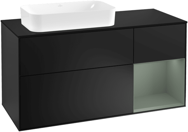 VILLEROY BOCH Toaletní skříňka Finion, s osvětlením, 3 výsuvy, 1200 x 603 x 501 mm, černý matný lak / olivový matný lak / černé matné sklo #F282GMPD