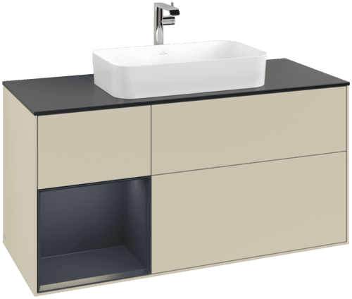 VILLEROY BOCH Toaletní skříňka Finion, s osvětlením, 3 výsuvy, 1200 x 603 x 501 mm, Silk Grey Matt Lacquer / Midnight Blue Matt Lacquer / Glass Black Matt #F292HGHJ