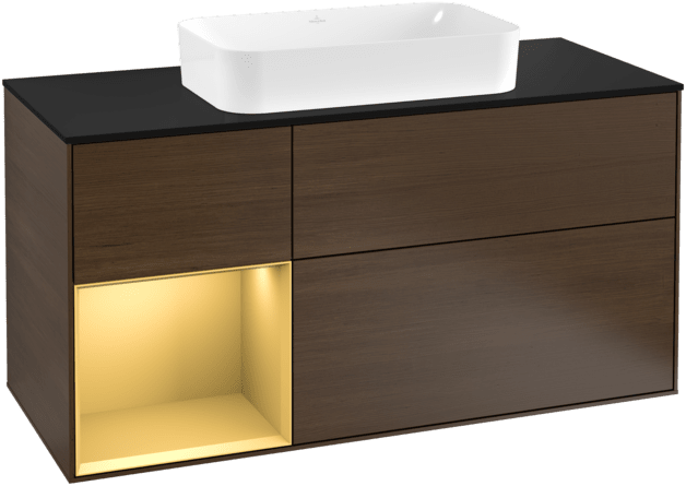 VILLEROY BOCH Toaletní skříňka Finion, s osvětlením, 3 výsuvy, 1200 x 603 x 501 mm, ořechová dýha / zlatý matný lak / černé matné sklo #F292HFGN