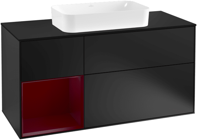 VILLEROY BOCH Toaletní skříňka Finion, s osvětlením, 3 výsuvy, 1200 x 603 x 501 mm, černý matný lak / pivoňkový matný lak / černé matné sklo #F292HBPD