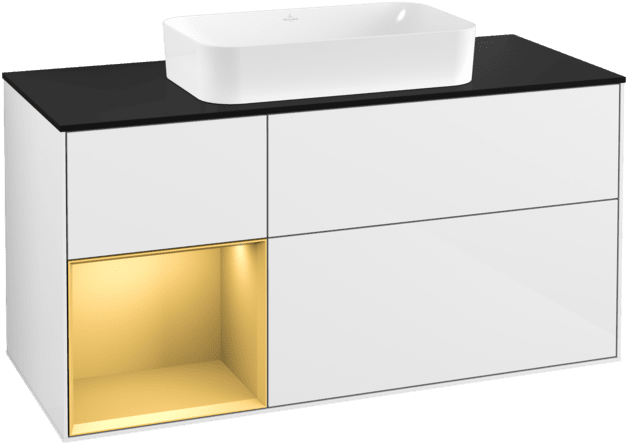VILLEROY BOCH Toaletní skříňka Finion, s osvětlením, 3 výsuvy, 1200 x 603 x 501 mm, lesklý bílý lak / zlatý matný lak / černé matné sklo #F292HFGF