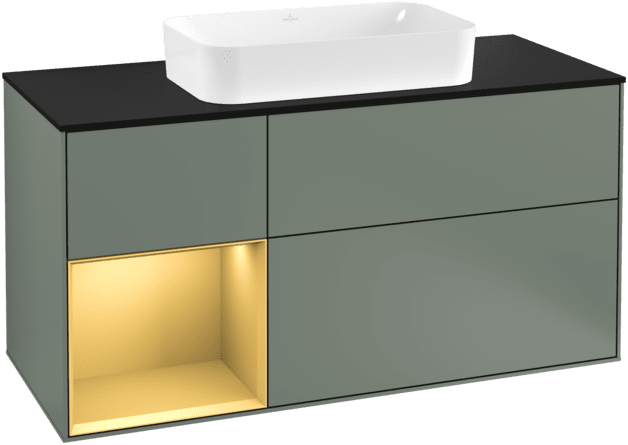 VILLEROY BOCH Toaletní skříňka Finion, s osvětlením, 3 výsuvy, 1200 x 603 x 501 mm, olivový matný lak / zlatý matný lak / černé matné sklo #F292HFGM