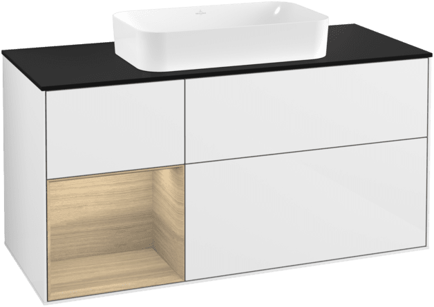 VILLEROY BOCH Toaletní skříňka Finion, s osvětlením, 3 výsuvy, 1200 x 603 x 501 mm, lesklý bílý lak / dubová dýha / černé matné sklo #F292PCGF