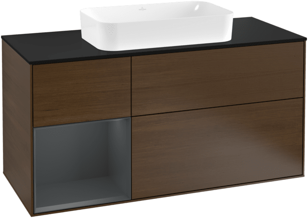 VILLEROY BOCH Toaletní skříňka Finion, s osvětlením, 3 výsuvy, 1200 x 603 x 501 mm, ořechová dýha / půlnočně modrý matný lak / černé matné sklo #F292HGGN