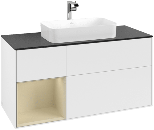 VILLEROY BOCH Toaletní skříňka Finion, s osvětlením, 3 výsuvy, 1200 x 603 x 501 mm, bílý matný lak / hedvábně šedý matný lak / černé matné sklo #F292HJMT