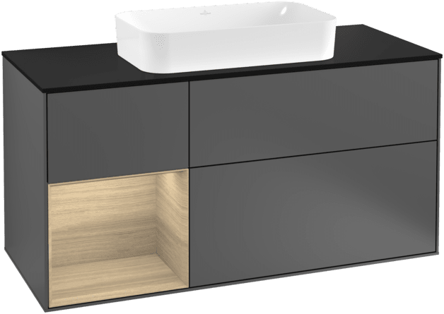 VILLEROY BOCH Toaletní skříňka Finion, s osvětlením, 3 výsuvy, 1200 x 603 x 501 mm, antracitový matný lak / dubová dýha / černé matné sklo #F292PCGK