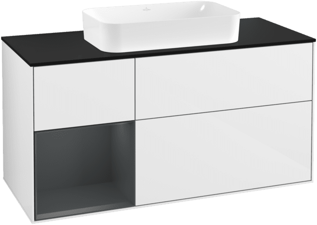VILLEROY BOCH Toaletní skříňka Finion, s osvětlením, 3 výsuvy, 1200 x 603 x 501 mm, lesklý bílý lak / půlnoční modrý matný lak / černé matné sklo #F292HGGF