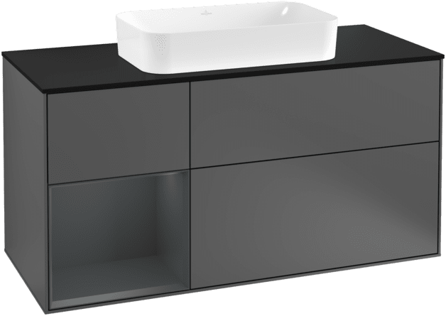 VILLEROY BOCH Toaletní skříňka Finion, s osvětlením, 3 výsuvy, 1200 x 603 x 501 mm, antracitový matný lak / půlnoční modrý matný lak / černé matné sklo #F292HGGK