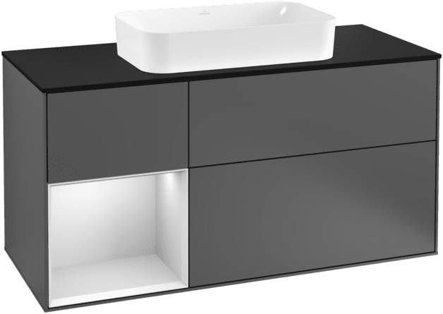 VILLEROY BOCH Toaletní skříňka Finion, s osvětlením, 3 výsuvy, 1200 x 603 x 501 mm, antracitový matný lak / bílý matný lak / černé matné sklo #F292MTGK