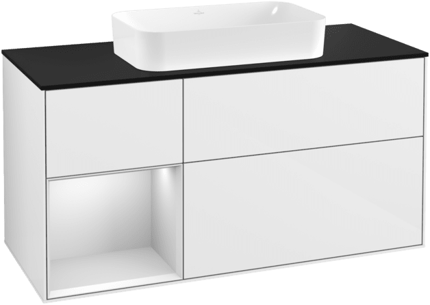 VILLEROY BOCH Toaletní skříňka Finion, s osvětlením, 3 výsuvy, 1200 x 603 x 501 mm, lesklý bílý lak / bílý matný lak / sklo černé matné #F292MTGF
