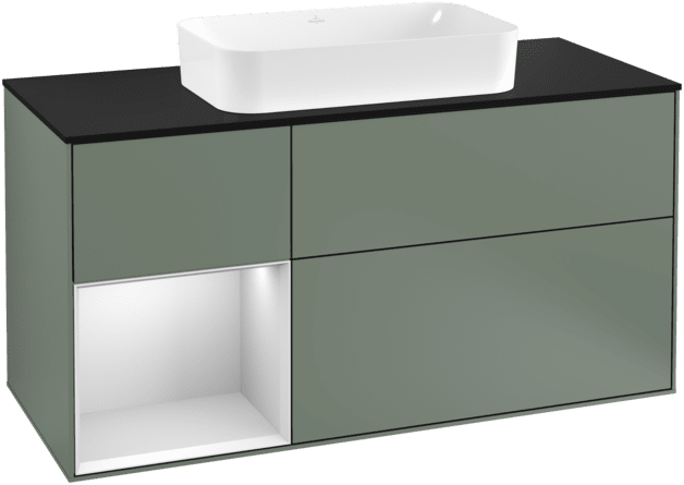 VILLEROY BOCH Toaletní skříňka Finion, s osvětlením, 3 výsuvy, 1200 x 603 x 501 mm, olivový matný lak / bílý matný lak / černé matné sklo #F292MTGM