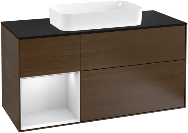 VILLEROY BOCH Toaletní skříňka Finion, s osvětlením, 3 výsuvy, 1200 x 603 x 501 mm, ořechová dýha / bílý matný lak / černé matné sklo #F292MTGN