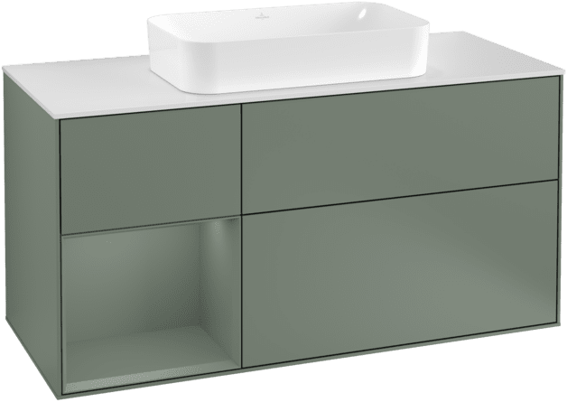 VILLEROY BOCH Toaletní skříňka Finion, s osvětlením, 3 výsuvy, 1200 x 603 x 501 mm, olivově matný lak / olivově matný lak / sklo bílé matné #F291GMGM