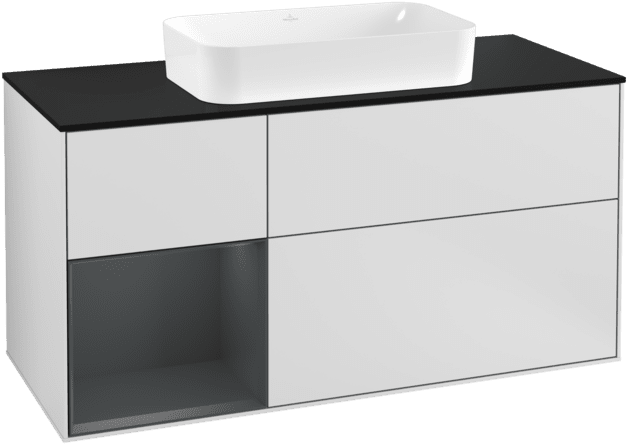 VILLEROY BOCH Toaletní skříňka Finion, s osvětlením, 3 výsuvy, 1200 x 603 x 501 mm, bílý matný lak / půlnoční modrý matný lak / černé matné sklo #F292HGMT