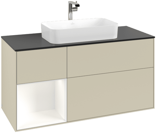 VILLEROY BOCH Toaletní skříňka Finion, s osvětlením, 3 výsuvy, 1200 x 603 x 501 mm, Silk Grey Matt Lacquer / White Matt Lacquer / Glass Black Matt #F292MTHJ