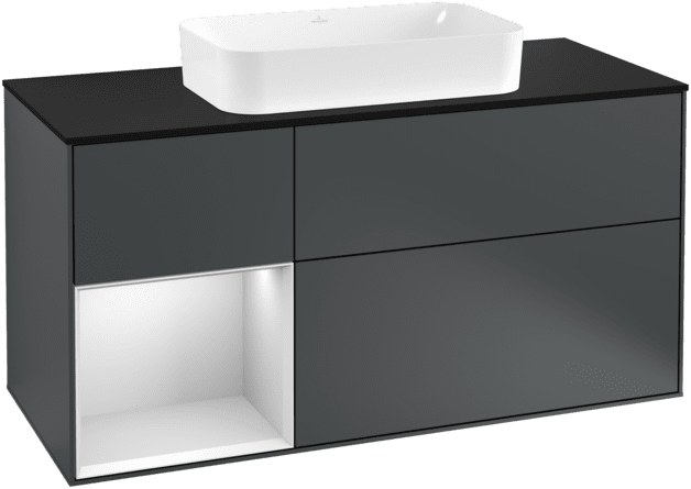 VILLEROY BOCH Toaletní skříňka Finion, s osvětlením, 3 výsuvy, 1200 x 603 x 501 mm, Midnight Blue Matt Lacquer / White Matt Lacquer / Glass Black Matt #F292MTHG