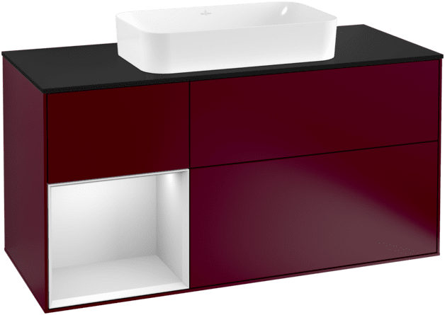 VILLEROY BOCH Toaletní skříňka Finion, s osvětlením, 3 výsuvy, 1200 x 603 x 501 mm, matný lak Peony / bílý matný lak / černé matné sklo #F292MTHB