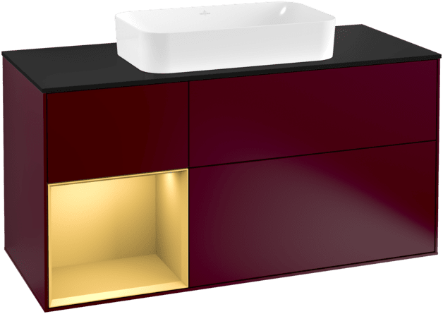 VILLEROY BOCH Toaletní skříňka Finion, s osvětlením, 3 výsuvy, 1200 x 603 x 501 mm, Peony Matt Lacquer / Gold Matt Lacquer / Glass Black Matt #F292HFHB