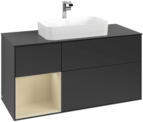 VILLEROY BOCH Toaletní skříňka Finion, s osvětlením, 3 výsuvy, 1200 x 603 x 501 mm, černý matný lak / hedvábně šedý matný lak / černé matné sklo #F292HJPD