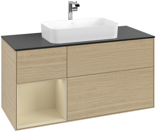 VILLEROY BOCH Toaletní skříňka Finion, s osvětlením, 3 výsuvy, 1200 x 603 x 501 mm, dubová dýha / hedvábně šedý matný lak / sklo černé matné #F292HJPC