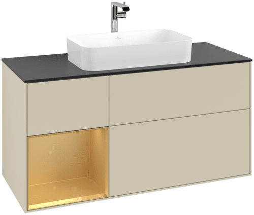 VILLEROY BOCH Toaletní skříňka Finion, s osvětlením, 3 výsuvy, 1200 x 603 x 501 mm, Silk Grey Matt Lacquer / Gold Matt Lacquer / Glass Black Matt #F292HFHJ