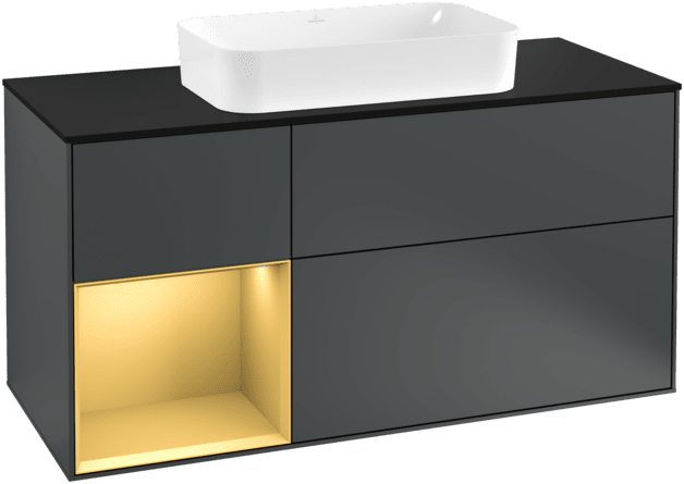 VILLEROY BOCH Toaletní skříňka Finion, s osvětlením, 3 výsuvy, 1200 x 603 x 501 mm, Midnight Blue Matt Lacquer / Gold Matt Lacquer / Glass Black Matt #F292HFHG