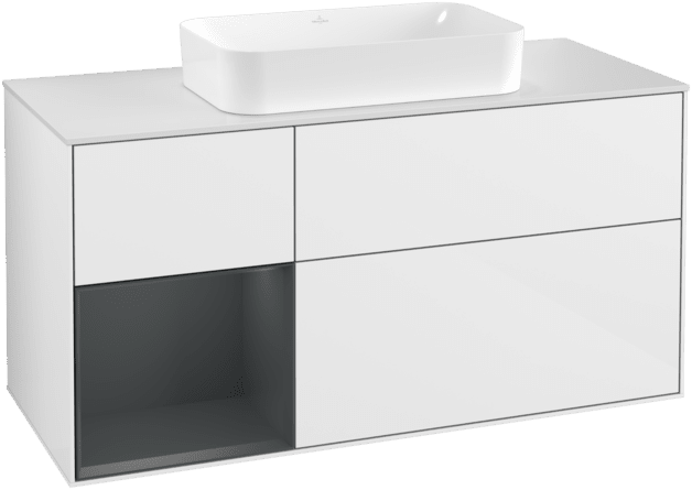 VILLEROY BOCH Toaletní skříňka Finion, s osvětlením, 3 výsuvy, 1200 x 603 x 501 mm, lesklý bílý lak / půlnoční modrý matný lak / bílé matné sklo #F291HGGF