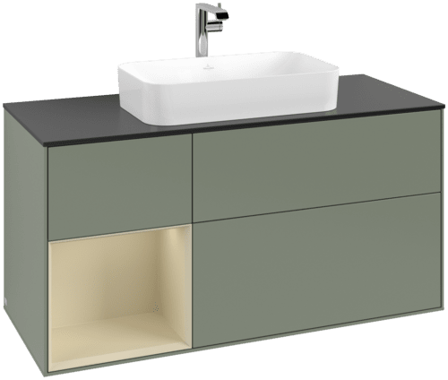 VILLEROY BOCH Toaletní skříňka Finion, s osvětlením, 3 výsuvy, 1200 x 603 x 501 mm, olivový matný lak / hedvábně šedý matný lak / černé matné sklo #F292HJGM