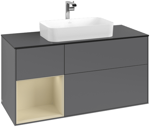 VILLEROY BOCH Toaletní skříňka Finion, s osvětlením, 3 výsuvy, 1200 x 603 x 501 mm, antracitový matný lak / hedvábně šedý matný lak / černé matné sklo #F292HJGK