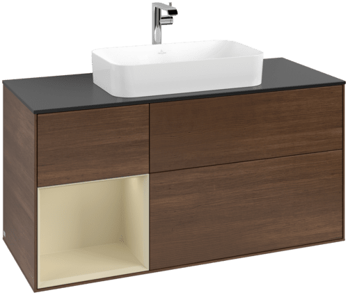 VILLEROY BOCH Toaletní skříňka Finion, s osvětlením, 3 výsuvy, 1200 x 603 x 501 mm, ořechová dýha / hedvábně šedý matný lak / sklo černé matné #F292HJGN