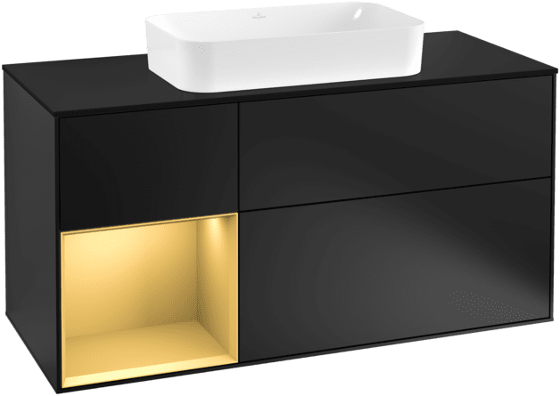 VILLEROY BOCH Toaletní skříňka Finion, s osvětlením, 3 výsuvy, 1200 x 603 x 501 mm, černý matný lak / zlatý matný lak / černé matné sklo #F292HFPD
