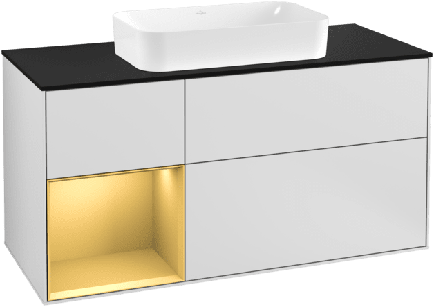 VILLEROY BOCH Toaletní skříňka Finion, s osvětlením, 3 výsuvy, 1200 x 603 x 501 mm, bílý matný lak / zlatý matný lak / černé matné sklo #F292HFMT