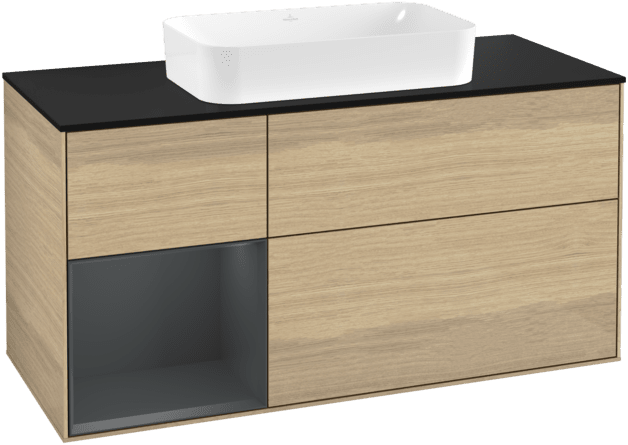 VILLEROY BOCH Toaletní skříňka Finion, s osvětlením, 3 výsuvy, 1200 x 603 x 501 mm, dubová dýha / půlnočně modrý matný lak / černé matné sklo #F292HGPC