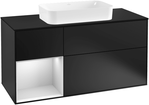 VILLEROY BOCH Toaletní skříňka Finion, s osvětlením, 3 výsuvy, 1200 x 603 x 501 mm, černý matný lak / bílý matný lak / černé matné sklo #F292MTPD
