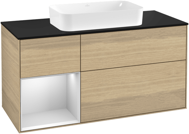 VILLEROY BOCH Toaletní skříňka Finion, s osvětlením, 3 výsuvy, 1200 x 603 x 501 mm, dubová dýha / bílý matný lak / černé matné sklo #F292MTPC