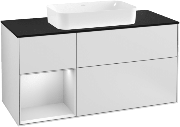 VILLEROY BOCH Toaletní skříňka Finion, s osvětlením, 3 výsuvy, 1200 x 603 x 501 mm, bílý matný lak / bílý matný lak / černé matné sklo #F292MTMT