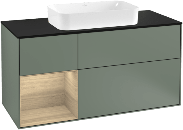 VILLEROY BOCH Toaletní skříňka Finion, s osvětlením, 3 výsuvy, 1200 x 603 x 501 mm, olivový matný lak / dubová dýha / sklo černé matné #F292PCGM