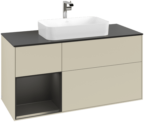 VILLEROY BOCH Toaletní skříňka Finion, s osvětlením, 3 výsuvy, 1200 x 603 x 501 mm, hedvábně šedý matný lak / černý matný lak / černé matné sklo #F292PDHJ