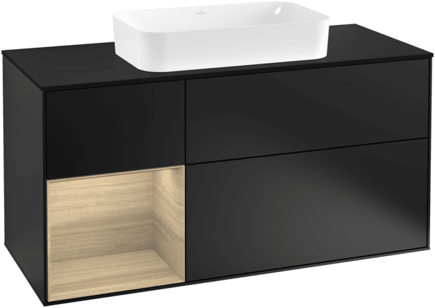 VILLEROY BOCH Toaletní skříňka Finion, s osvětlením, 3 výsuvy, 1200 x 603 x 501 mm, černý matný lak / dubová dýha / černé matné sklo #F292PCPD