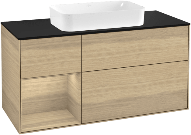 VILLEROY BOCH Toaletní stolek Finion, s osvětlením, 3 výsuvy, 1200 x 603 x 501 mm, dubová dýha / dubová dýha / sklo černé matné #F292PCPC