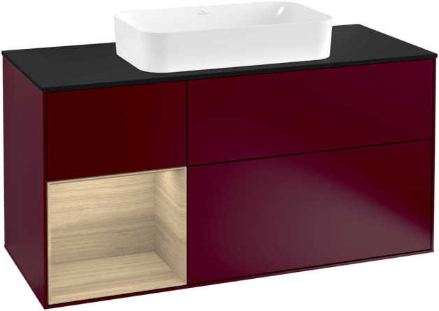 VILLEROY BOCH Toaletní skříňka Finion, s osvětlením, 3 výsuvy, 1200 x 603 x 501 mm, matný lak Peony / dubová dýha / černé matné sklo #F292PCHB
