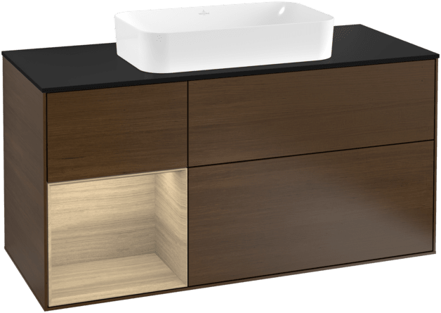 VILLEROY BOCH Toaletní skříňka Finion, s osvětlením, 3 výsuvy, 1200 x 603 x 501 mm, ořechová dýha / dubová dýha / sklo černé matné #F292PCGN